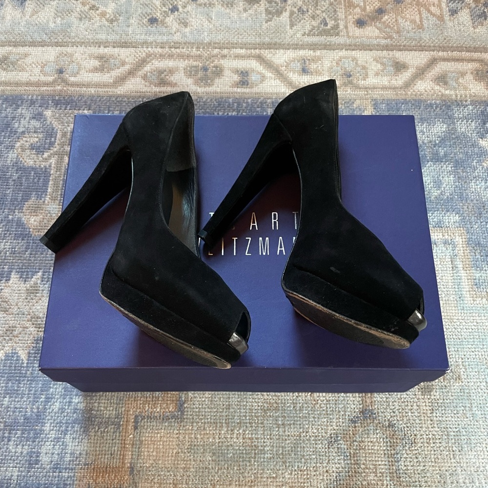 Stuart Weitzman size 6 black suede peep toe heels.